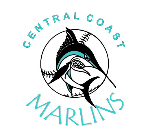 Central Coast Marlins Baseball logo circle with marlin fish at the centre, black and aqua