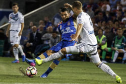 Andrew Nabbout and Nicholas Ansell make a play for the ball in their nil-all game at McDonald Jones Stadium, Newcastle