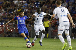 Newcastle Jets' Andrew Nabbout competes with Jason Geria in their nil-all game at McDonald Jones Stadium, Newcastle on Monday the 13th of February, 2017.