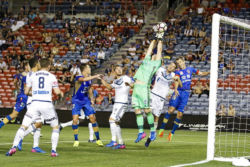 Victory's goal keeper Lawrence Thomas leaps high against the Newcastle Jets in their nil-all game at McDonald Jones Stadium, Newcastle on Monday the 13th of February, 2017.