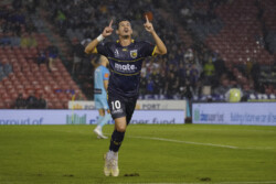Moresche celebrate his goal in the 19th minute in the match between the Jets & Mariners2022 Jets v Mariners