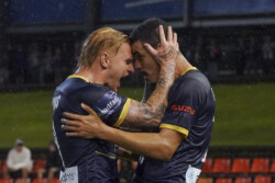 Moresche celebrate his goal in the 19th minute in the match between the Jets & Mariners2022 Jets v Mariners