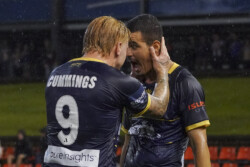Moresche celebrate his goal in the 19th minute in the match between the Jets & Mariners2022 Jets v Mariners